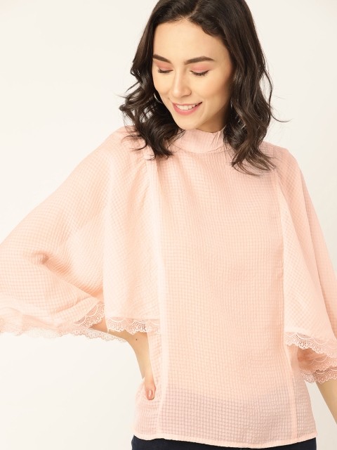 

DressBerry Women Peach-Coloured Sheer Self-Checked Top