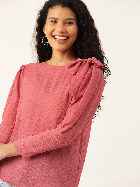 

DressBerry Women Dusty Pink Self-Design Semi-Sheer Top