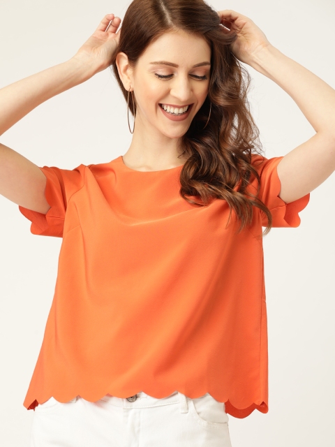 

DressBerry Women Rust Orange Solid Scalloped Top