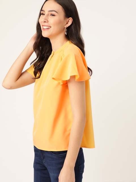 

DressBerry Women Yellow Solid Flutter Sleeves Top
