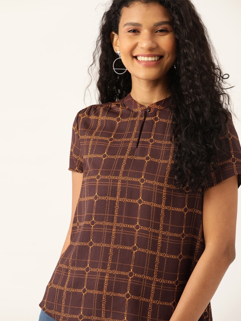 

DressBerry Women Burgundy & Mustard Yellow Printed High-Low Top