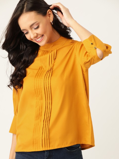 

DressBerry Women Mustard Yellow Solid Pintuck Top
