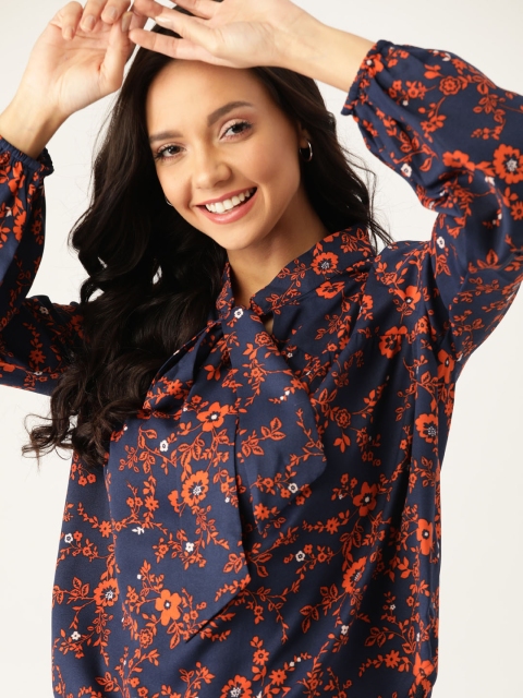 

DressBerry Women Navy Blue & Rust Orange Floral Printed Tie-Up Neck Top