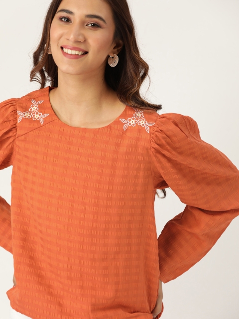 

DressBerry Women Rust Orange Self-Checked Blouson Top