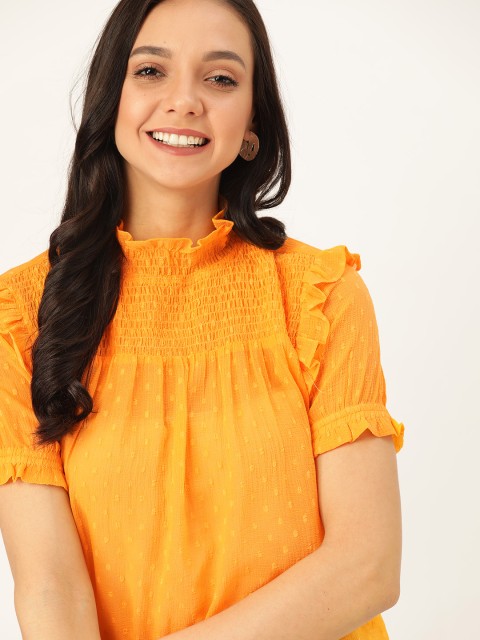 

DressBerry Women Orange Self Design Semi-Sheer Top