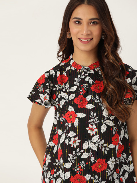 

DressBerry Women Black & Off-White Floral Print Top