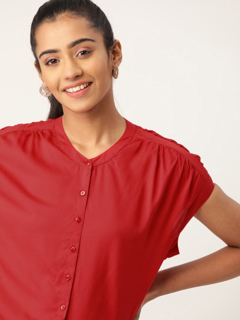 

DressBerry Coral Red Mandarin Collar Top