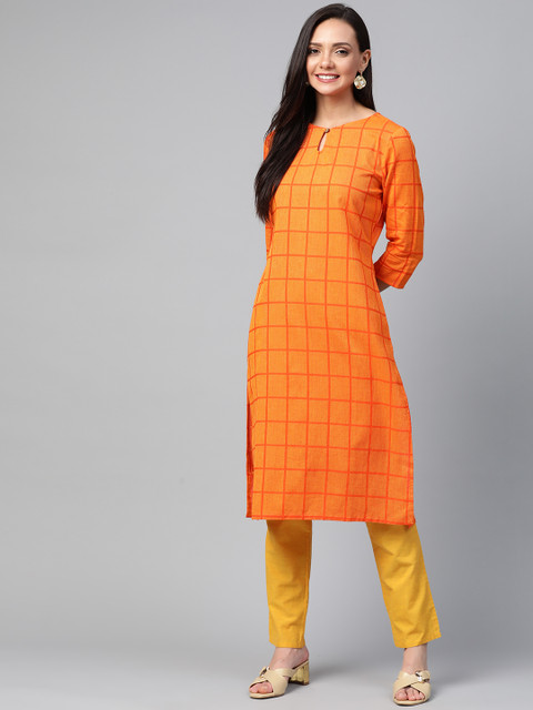 

HERE&NOW Women Orange & Mustard Yellow Self Checked Kurta with Palazzos