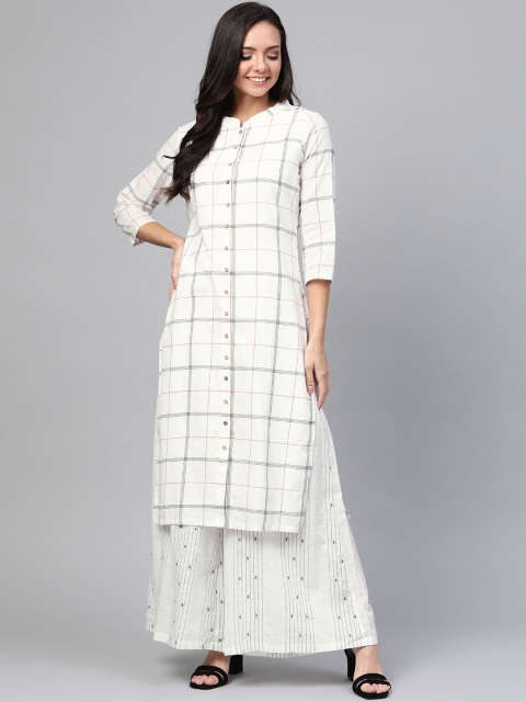 

HERE&NOW Women Off-White & Charcoal Grey Checked Kurta with Palazzos
