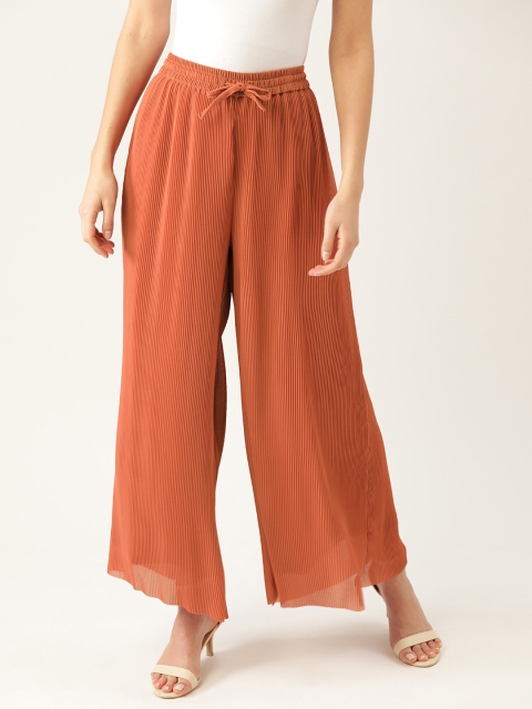 

DressBerry Women Rust Orange Flared Solid High-Rise Accordion Pleated Parallel Trousers