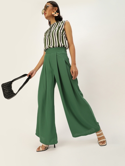 

DressBerry Women Green Solid High Waist Pleated Flared Trousers