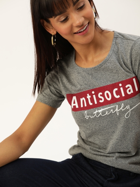 

DressBerry Women Grey Melange Printed Round Neck T-shirt