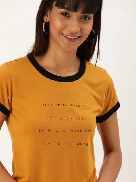 

DressBerry Women Mustard Yellow Printed Round Neck T-shirt
