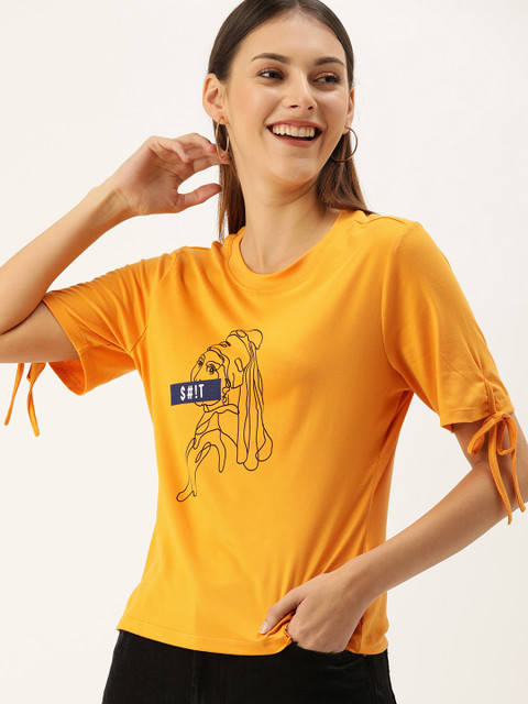 

DressBerry Women Yellow Printed Round Neck T-shirt