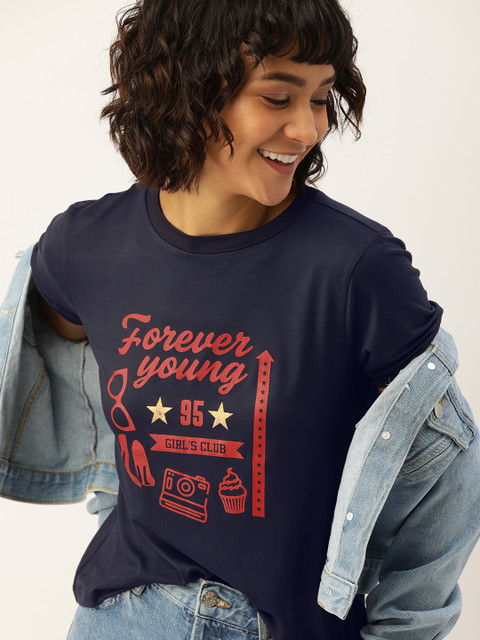 

DressBerry Women Navy Blue Printed Round Neck T-shirt