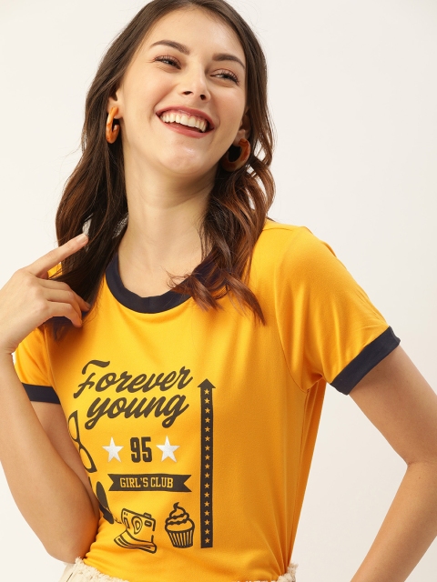 

DressBerry Women Yellow Printed Round Neck T-shirt with Contrast Tipping