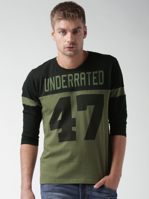 

Moda Rapido Olive Green & Black Printed T-shirt