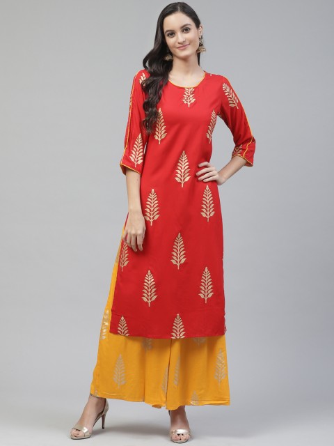 

Fabriko Women Red & Mustard Yellow Block Print Kurta with Palazzos