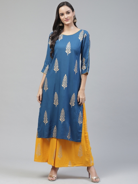 

Fabriko Women Blue & Mustard Yellow Block Print Kurta with Palazzos
