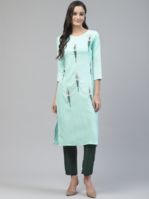 

Fabriko Women Blue & Green Embroidered Kurta with Trousers