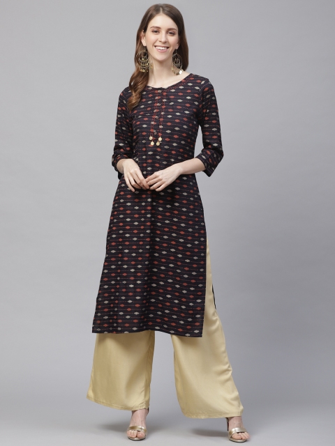 

clorals Women Navy Blue & Rust Orange Printed Straight Kurta