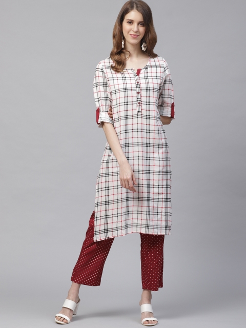 

clorals Women Off-White & Maroon Checked Kurta with Trousers