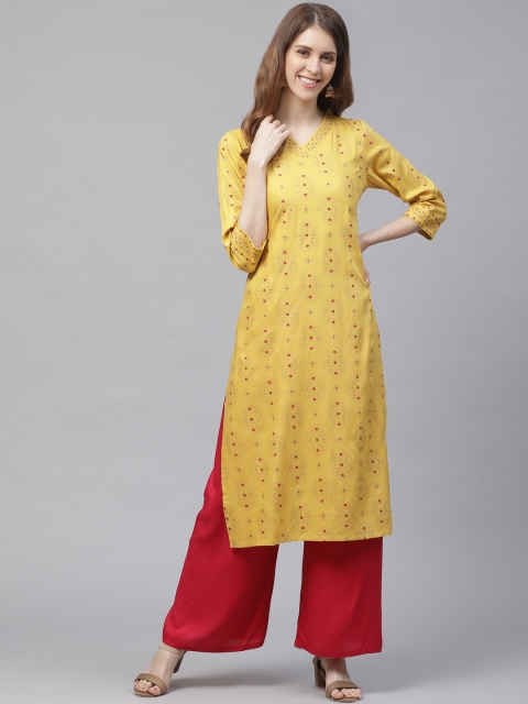 

clorals Women Mustard Yellow & Golden Printed Straight Kurta