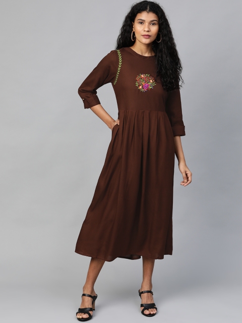 

clorals Women Coffee Brown Embroidered Detail A-Line Dress