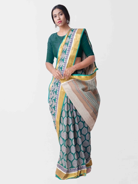 

Unnati Silks Teal Green & Off-White Jute Cotton Printed Saree