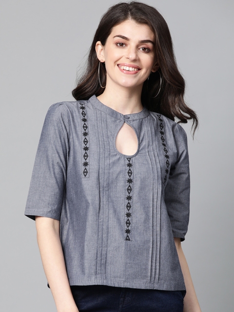 

HERE&NOW Women Navy Blue Embroidered Detail Pure Cotton Top