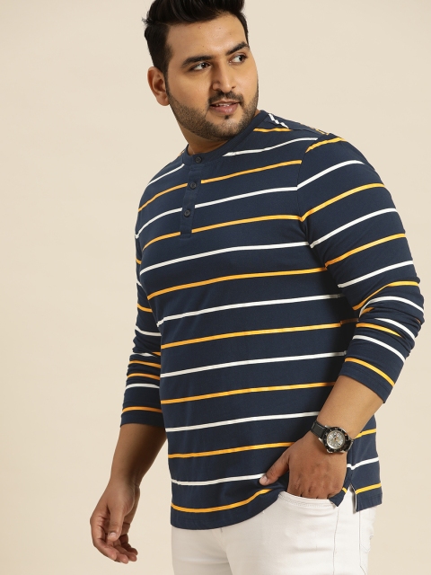 

Sztori Men Navy Blue & Striped Striped Plus Size Henley Neck T-shirt