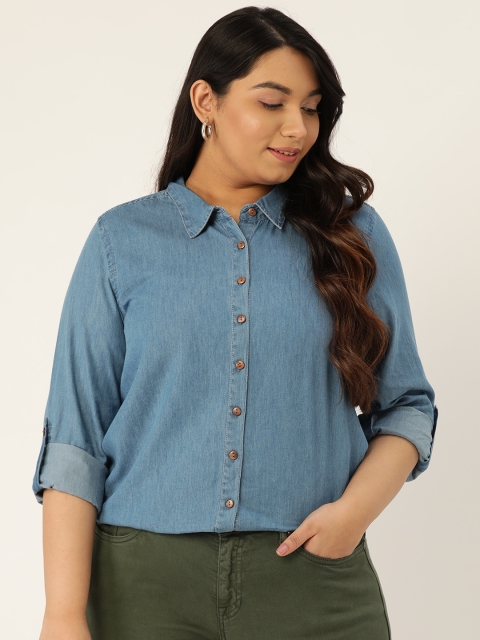 

Sztori Women Blue Regular Fit Solid Plus Size Casual Chambray Shirt