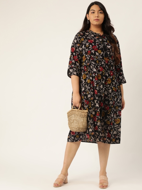

Sztori Women Black & Off-White Floral Print Plus Size A-Line Dress