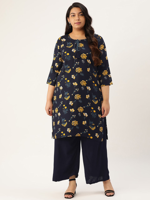 

Sztori Plus Size Women Navy Blue Yellow Floral Print Straight Kurta