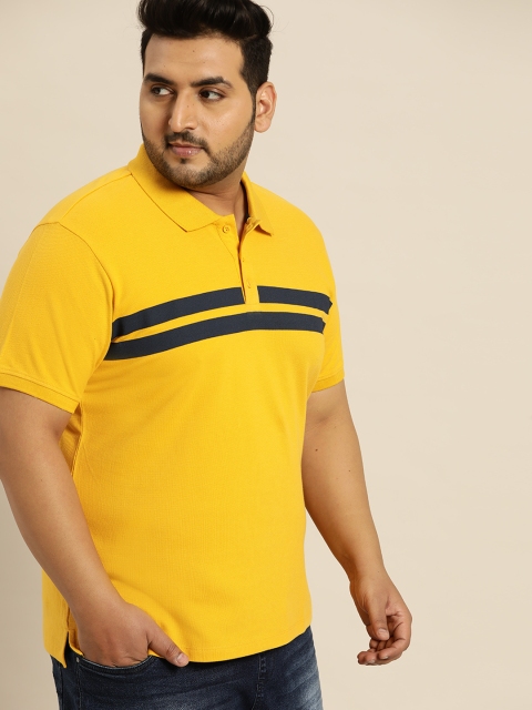 

Sztori Men Mustard Yellow & Navy Blue Plus Size Striped Polo Collar T-shirt