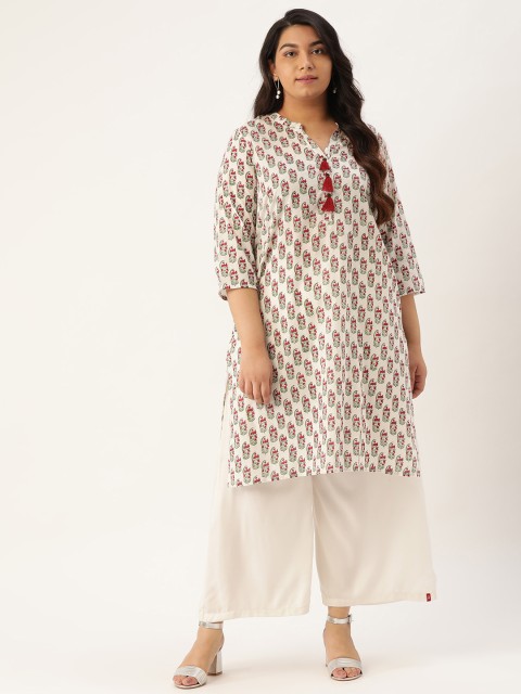

Sztori Plus Size Women White Maroon Printed Straight Kurta