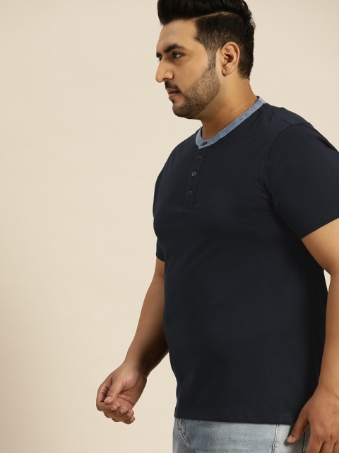 

Sztori Men Navy Blue Plus Size Solid Henley Neck T-shirt