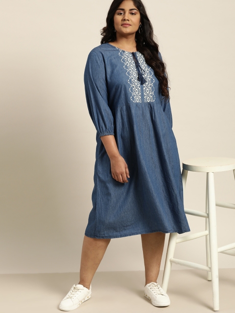 

Sztori Women Blue & White Plus Size Embroidered Detail Chambray A-Line Dress