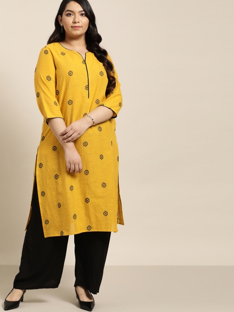 

Sztori Plus Size Women Mustard Yellow & Black Woven Design Straight Kurta