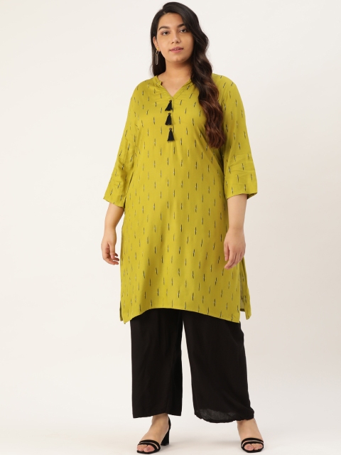 

Sztori Plus Size Women Green Black Printed Straight Kurta