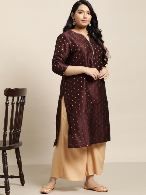 

Sztori Plus Size Women Burgundy & Golden Woven Design Straight Kurta
