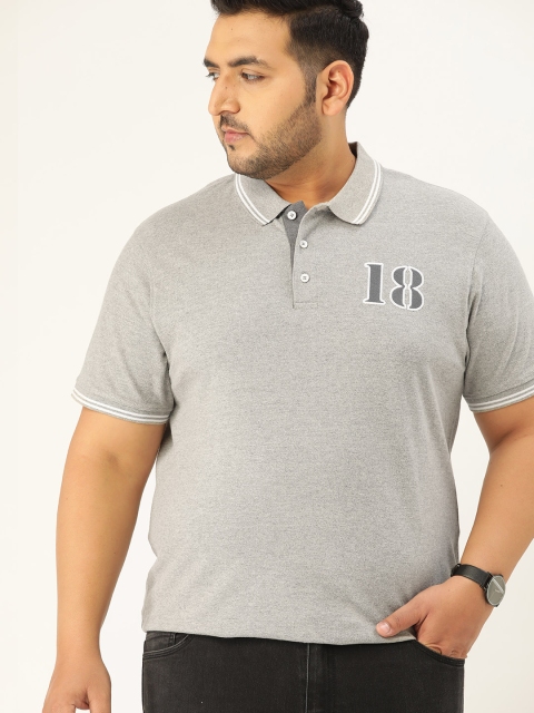 

Sztori Men Plus Size Grey Melange Solid Polo Collar T-shirt with Applique Detail