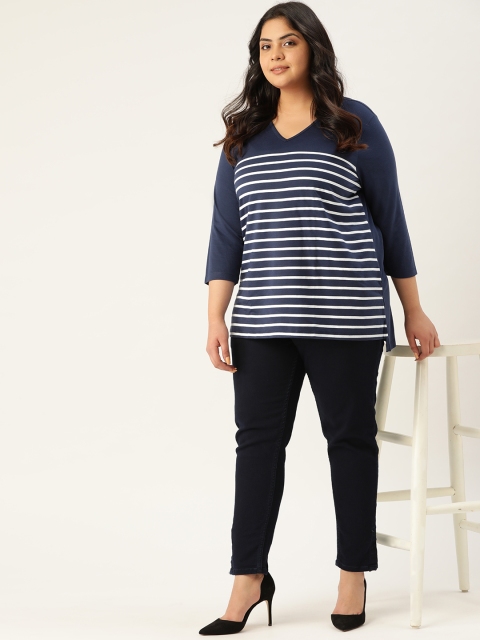 

Sztori Women Plus Size Navy Blue & White Striped V-Neck T-shirt