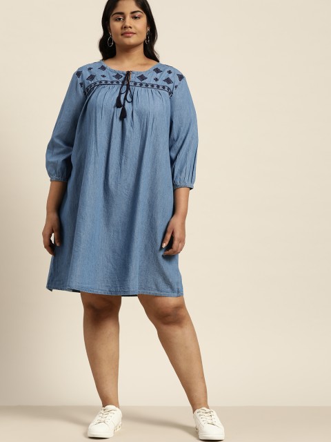 

Sztori Women Blue Solid Plus Size Chambray A-Line Dress with Embroidered Detail