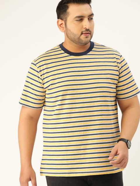 

Sztori Men Plus Size Navy Blue & Yellow Striped Round Neck T-shirt