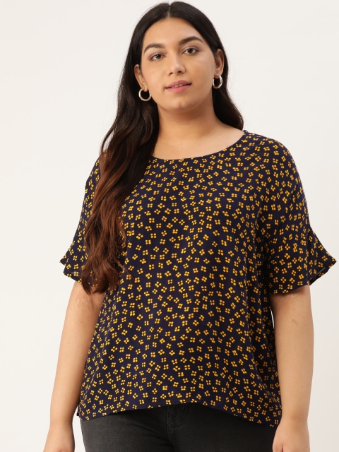 

Sztori Women Navy & Yellow Printed Plus Size Top, Navy blue
