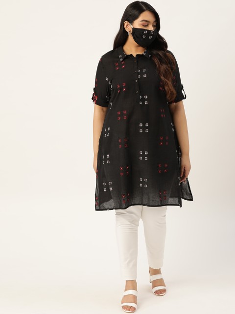 

Sztori Women Black Red Woven Design Plus Size Straight Kurta