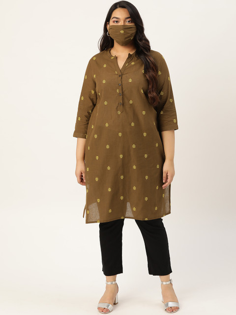 

Sztori Women Olive Brown Yellow Woven Design Straight Plus Size Kurta