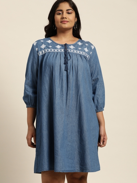 

Sztori Women Blue Solid Plus Size Embroidered Detail Chambray Shift Dress