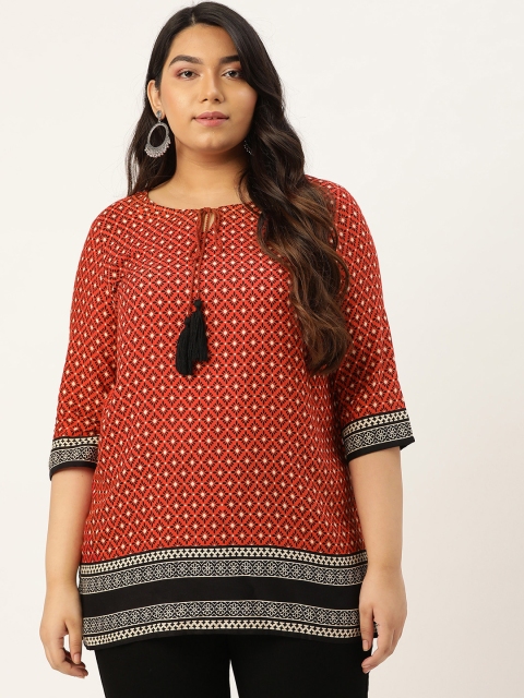 

Sztori Women Rust Orange & Black Plus Size Ethnic Print Kurti